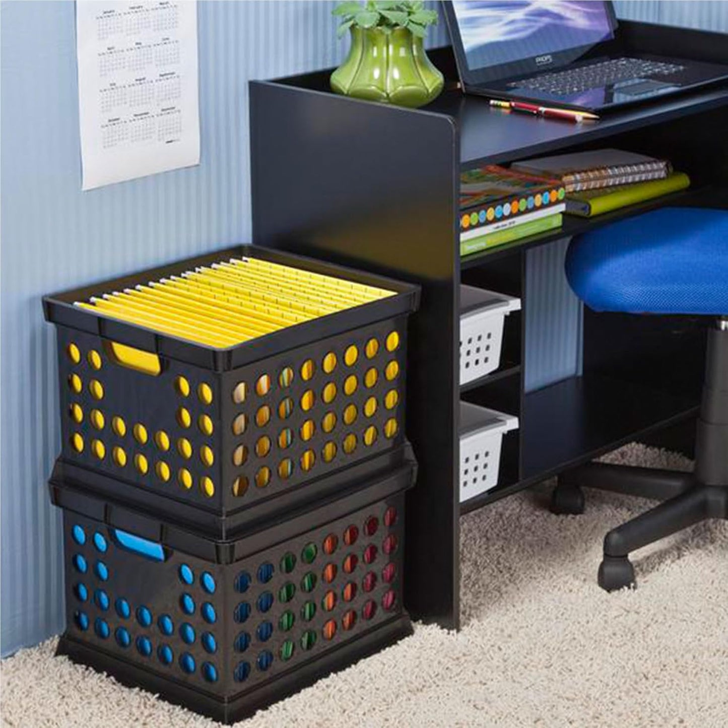 Sterilite Stackable Plastic Storage Crate Bin Organizer File Box with Handles for Home, Office, Dorm, Garage, or Utility Organization, Black, 6-Pack
