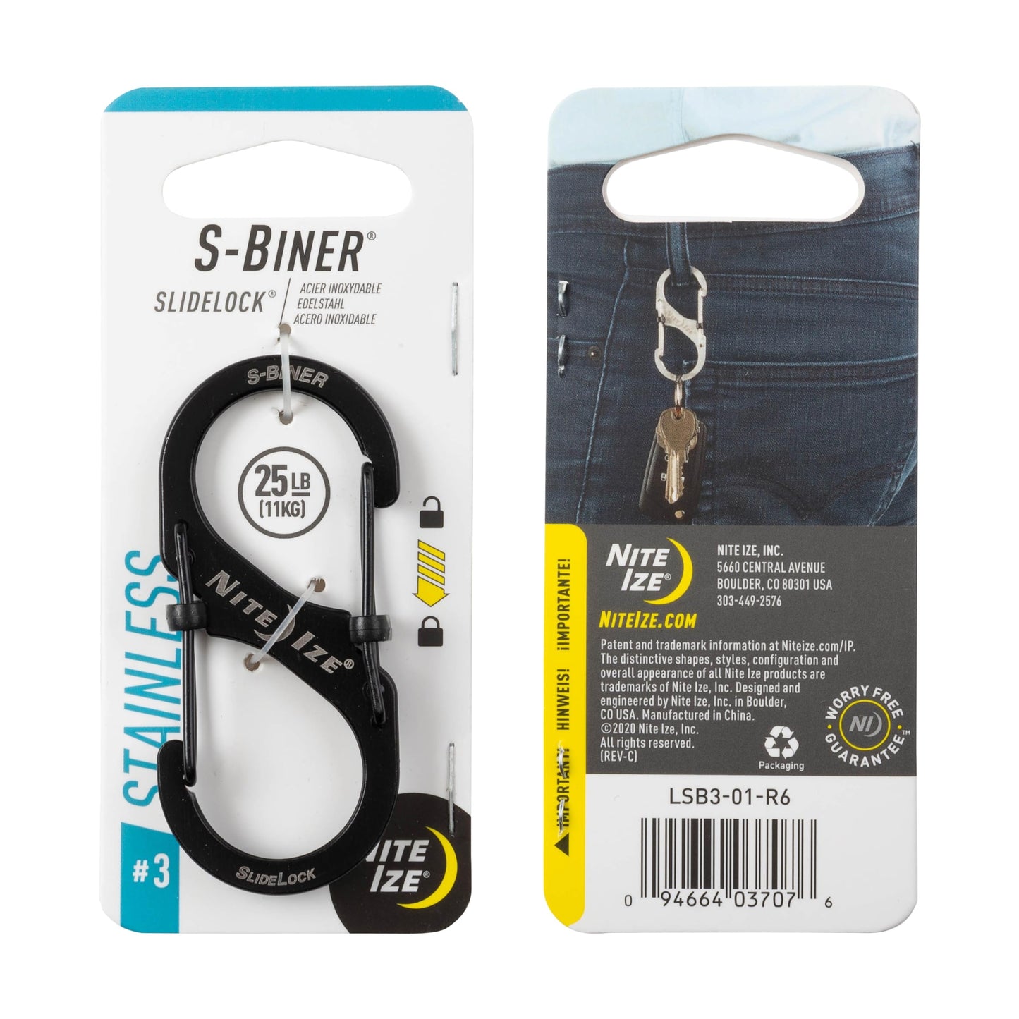 Nite Ize S-Biner Slidelock Stainless Steel - Double-Gated Design - Carabiner Clip with Locking Gates - Dual Carabiner Holder for Keys, Water Bottles & Gear - Size 3, Black, 4 Count (4 Pack)