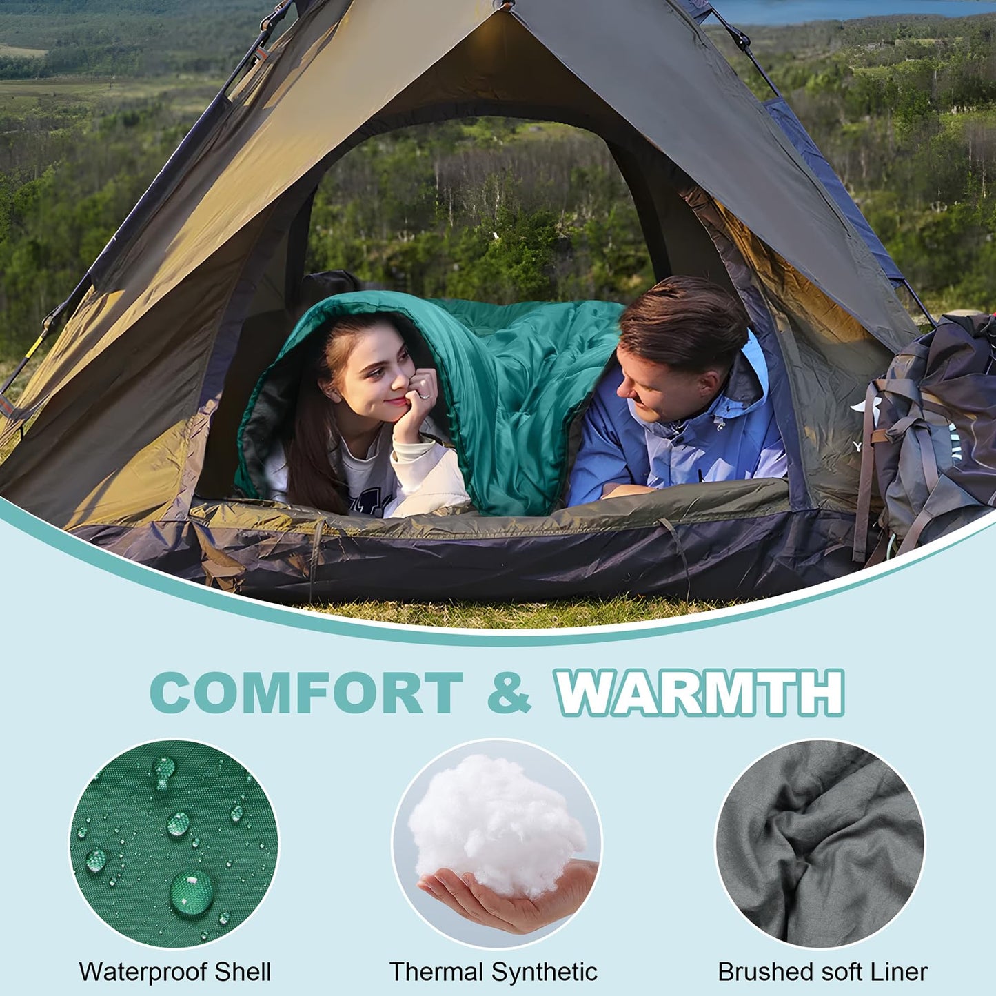 AGEMORE Double Sleeping Bag for Adults, Lightweight Queen Size 2 Person Sleeping Bag with Draft Tubes & Hood, Fit for Warm & Cold Weather Camping Hiking Backpacking Or Traveling