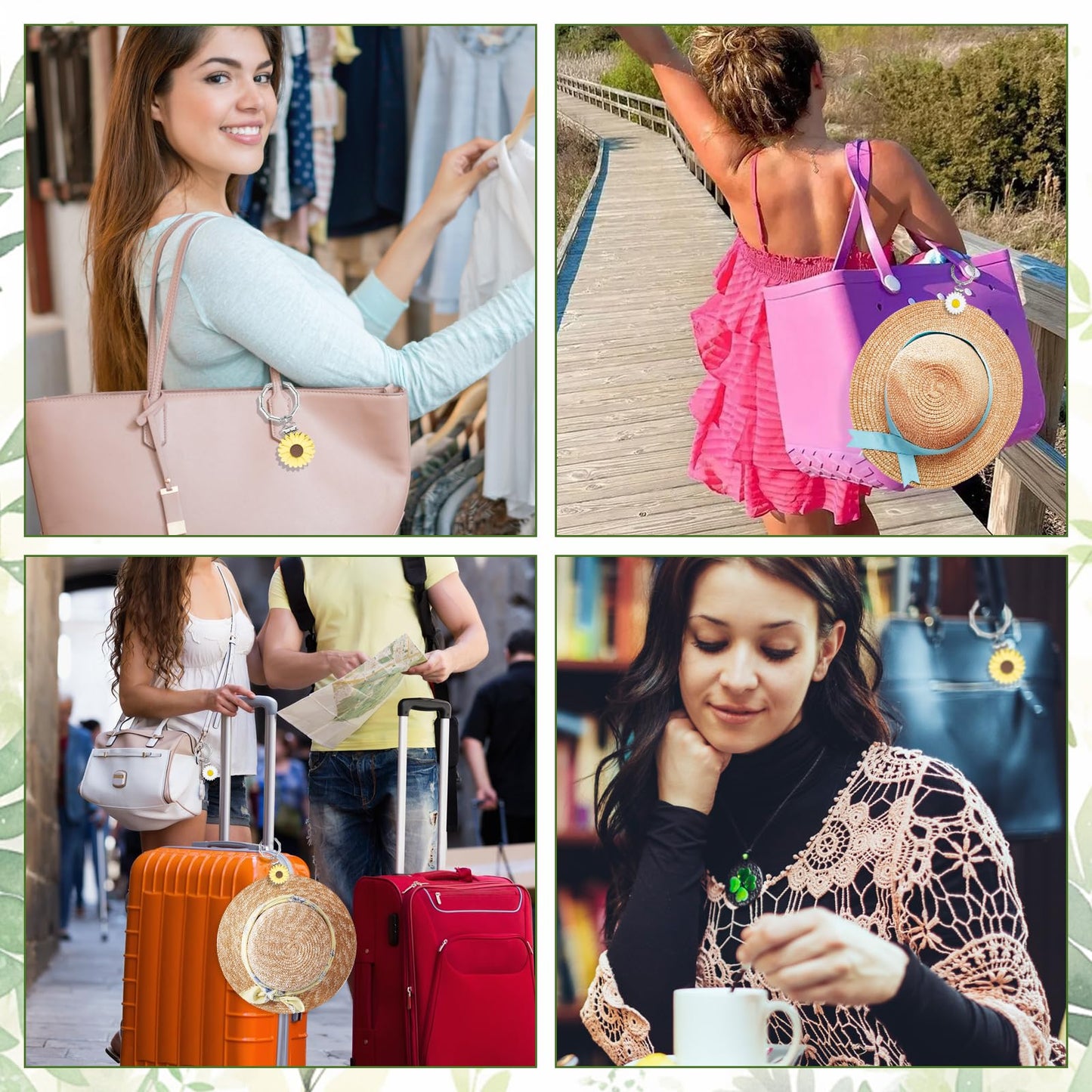 2 Pcs Hat Clip for Travel on Bag- Securely Attach Hats to Bags, Totes, Luggage - Hands-Free, Prevents Loss at Beach/Outings (US, Alpha, One Size, Bamboo Ring, Yellow & White Flowers)