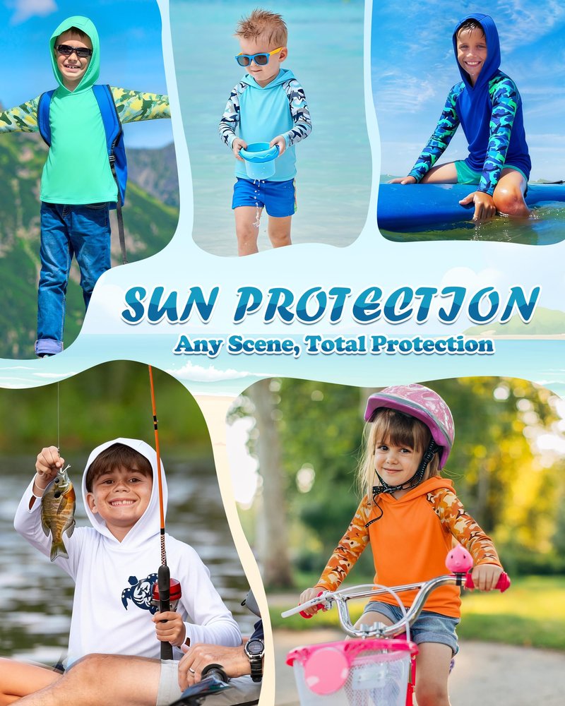 DRONIRING Boys Rash Guard Swim Hoodie, UPF 50+ UV Sun Protection Long Sleeve Fishing Shirt, Kids Youth SPF Water Shirts Green