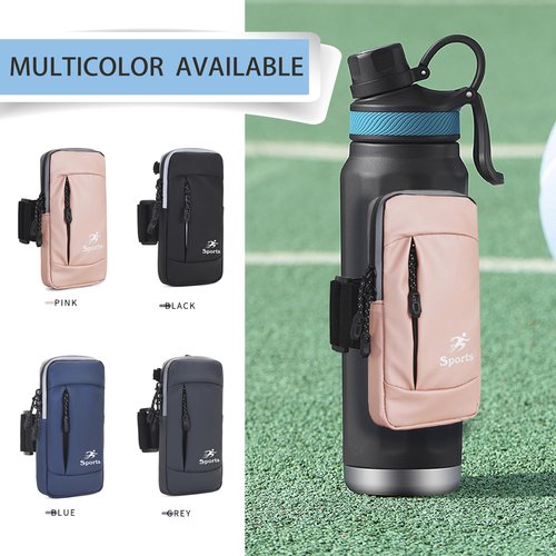 ananlu Bottle Caddy Gym Water Bottle Pouch Sleeve with Zipper Side Storage Pockets for Cards, Keys, Phone, or Wallet for Reusable, Gym Bottle Accessories for Men Women