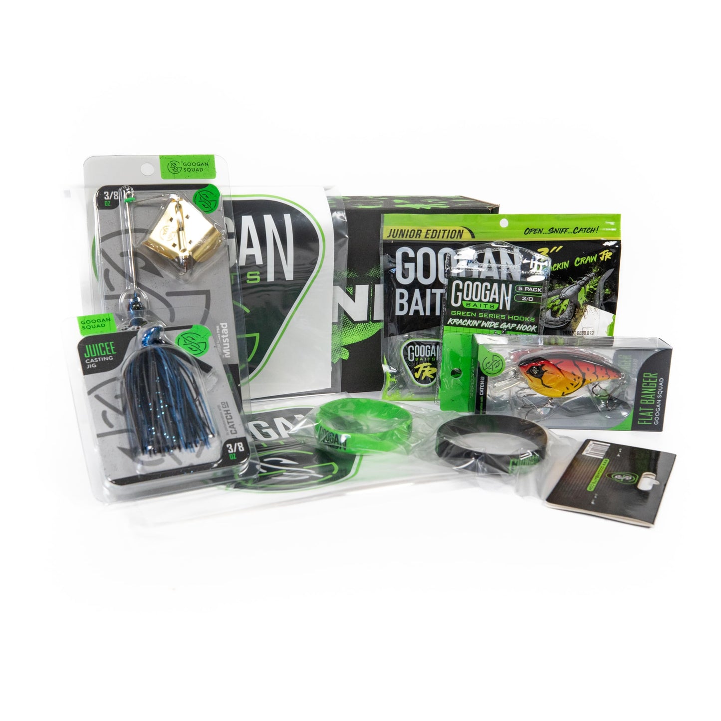 Googan Squad Mondo Kit Green Series – Mystery Tackle Box Bass Fishing Kit with Comprehensive Lures Set for Largemouth and Smallmouth – Bass Lure Includes Banger, Zinger, Juicee Jig & Krackin’ Craw