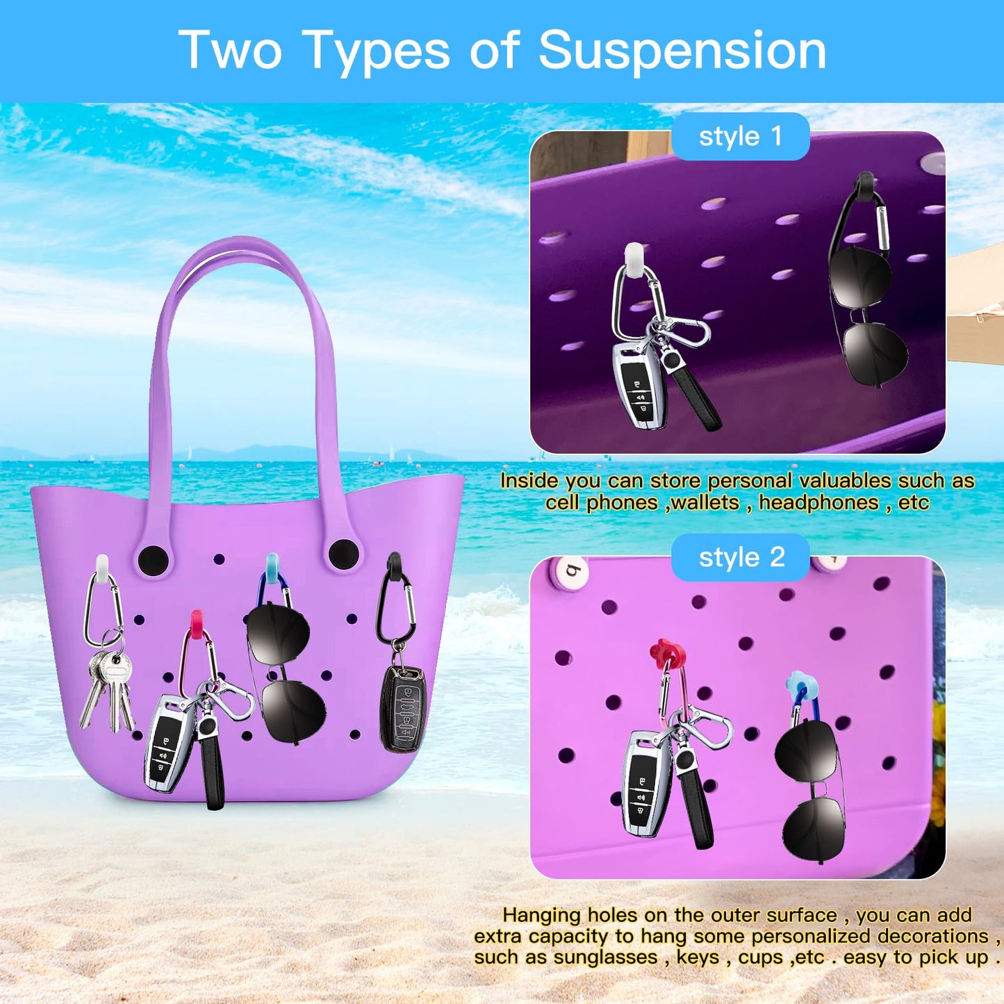 2 Set Hooks Set Accessories Compatible for Bogg Bag, Bogg Bag Accessories, Insert Carabiner Key Chain Holder Charms, Compatible for Small & Large Beach Bags (White)