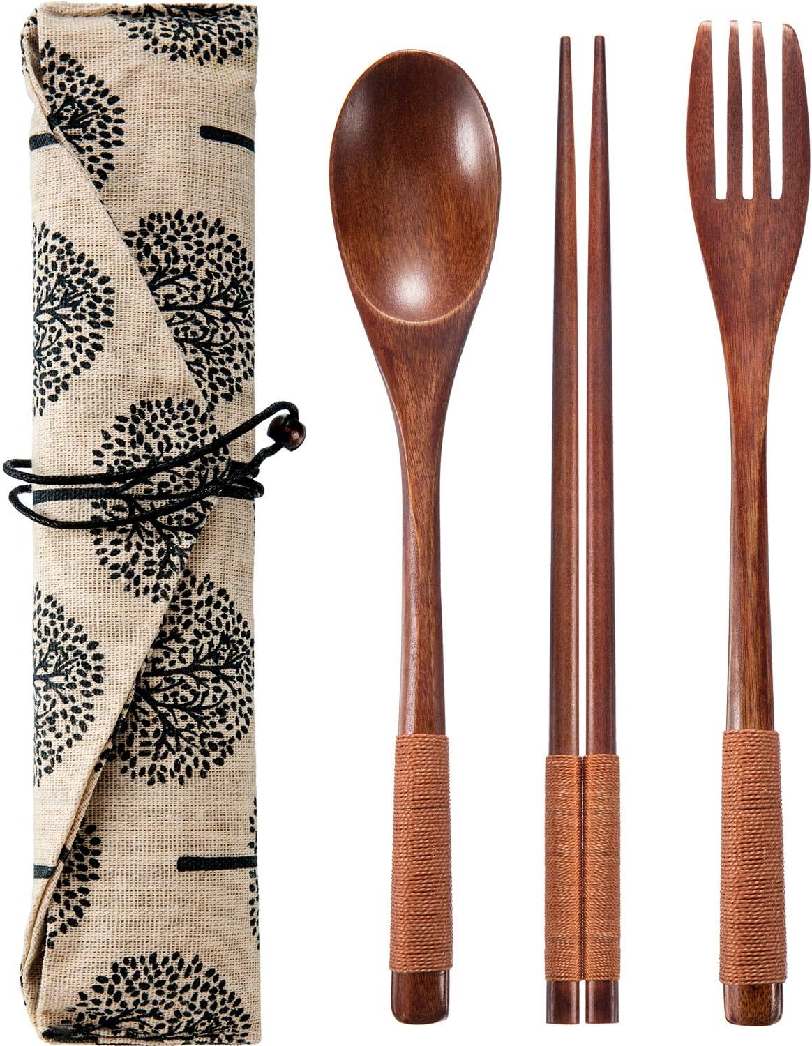 2 Sets Wooden Utensil Set, Travel Utensils for Eating, Wooden Fork Spoon Chopsticks, Reusable Portable Flatware Cutlery Set, Tied Line Flatware with Pouch for Lunch Camping Traveling