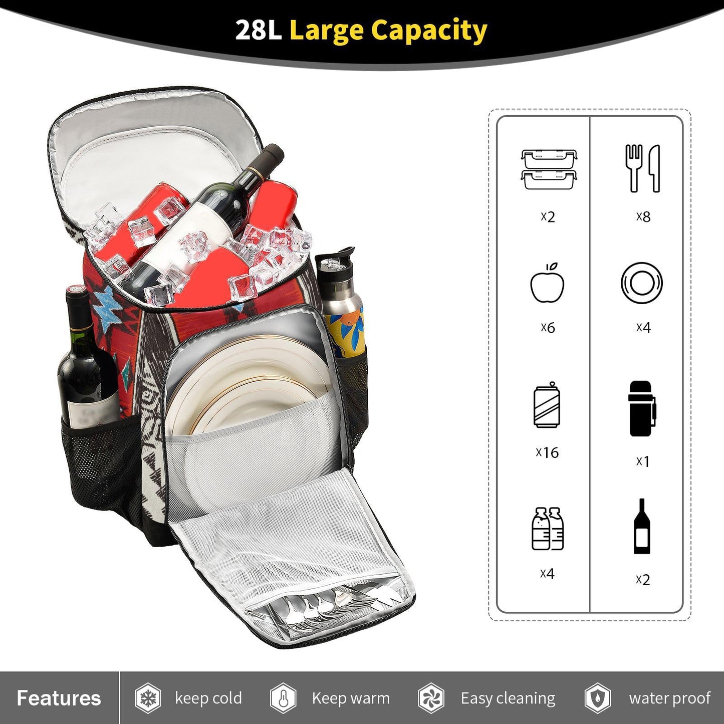 Red Aztec Bohemia Tribe Cooler Backpack Insulated Leak Proof Beach Cooler Bag 30 Cans Waterproof Lightweight Soft Lunch Picnic Hiking Camping Backpack Cooler for Men Women
