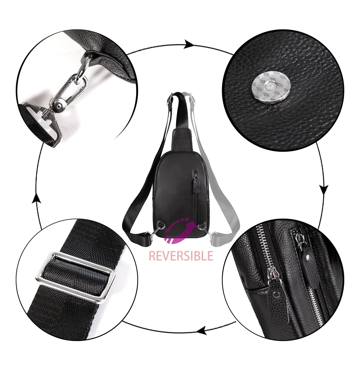 JMW Sling Bag for Men and Women Genuine Leather Crossbody Fanny Packs Chest Bag Backpack Daypack Black