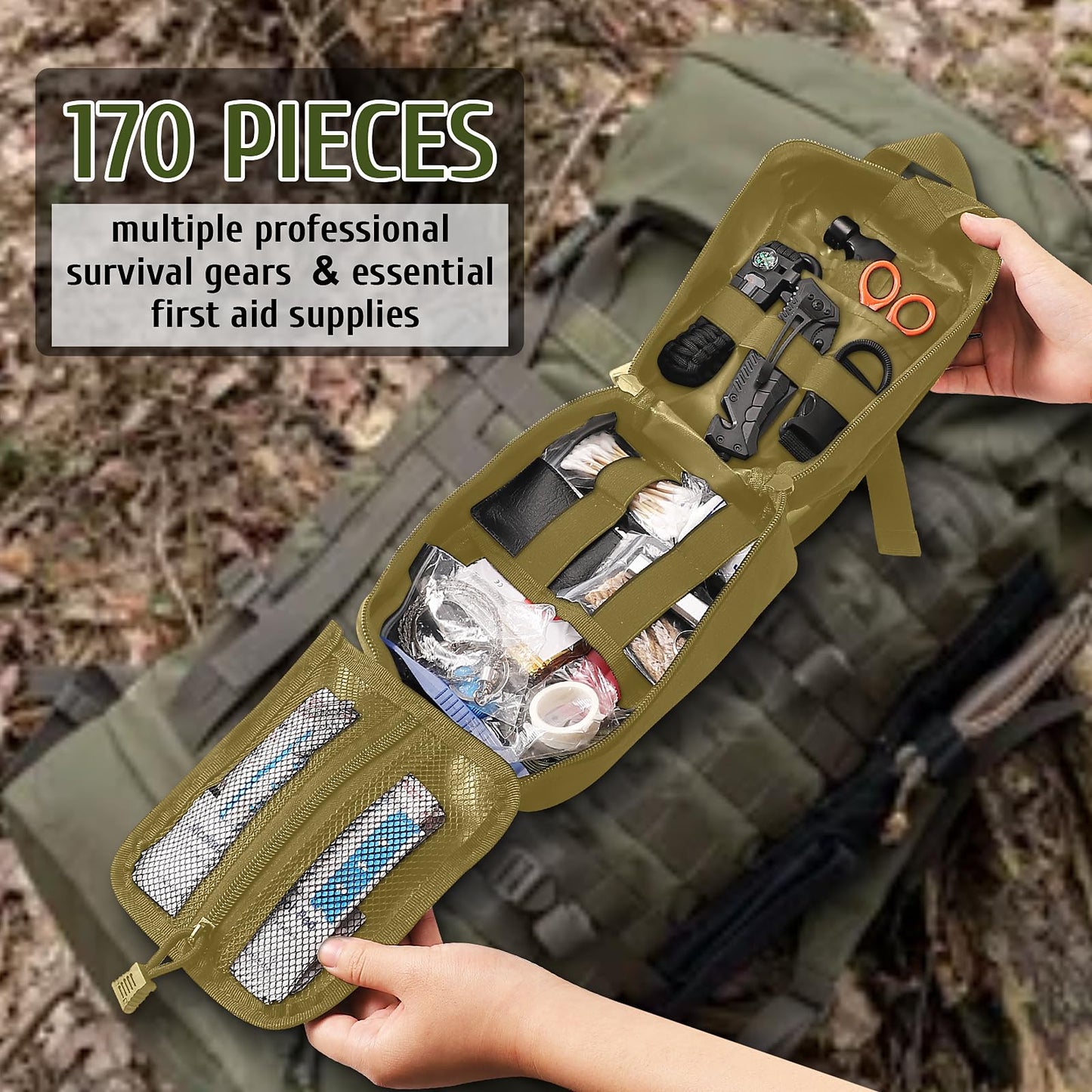 ABPIR Survival Kits, 170 PCS First Aid Kit/Trauma Kit with Essential Survival Gear Emergency Medical Supplies for Hiking Camping Backpacking Outdoor Adventure, Gifts for Him Dad Men Christmas