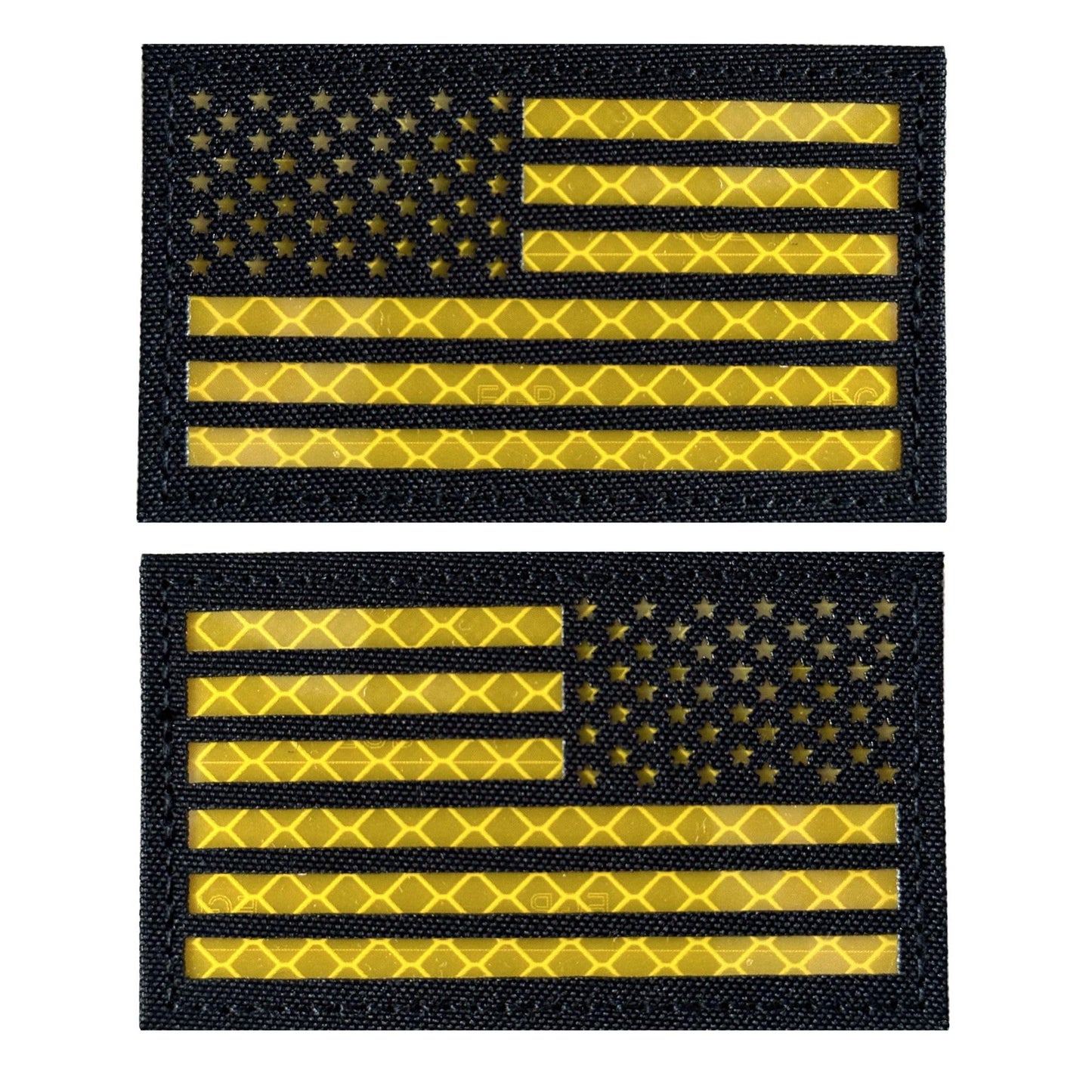 2x3.5 Reflective US USA American Flag Tactical Patches Hook-Fastener Backing (1 Left + 1 Right) (Black-Yellow)