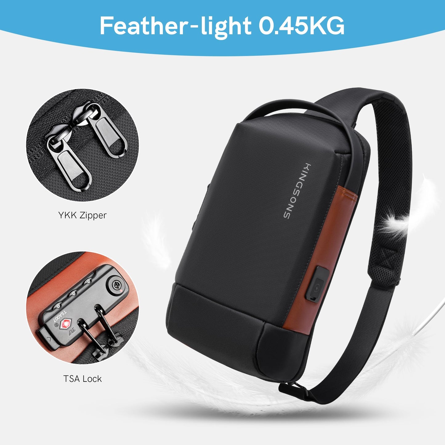 Kingsons Crossbody Bag Sling Backpack - Mini Travel Sling Man Bag with Charging Port, Small Chest Shoulder Side Backpack for Traveling, Leisure, Commuting,Fit for 9.7" ipad
