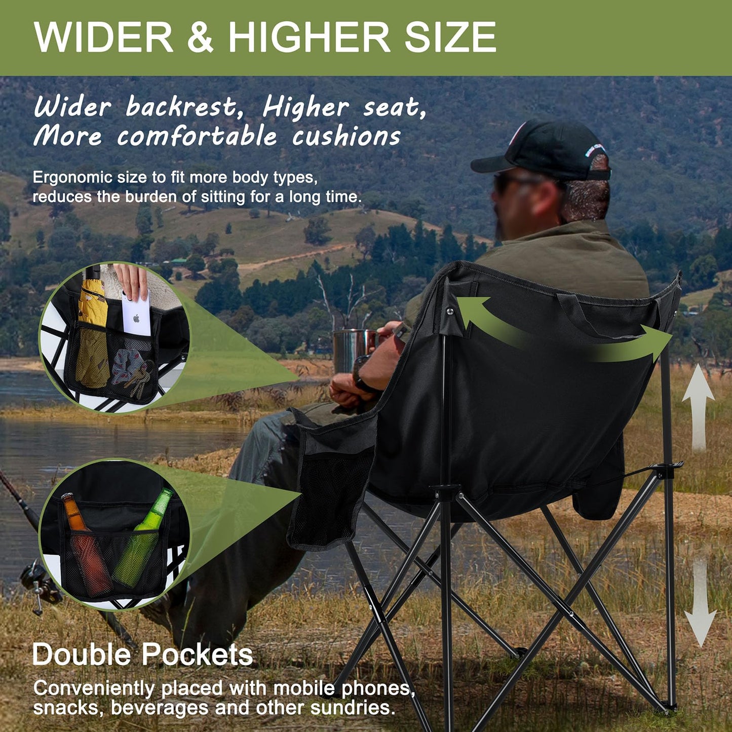 Joyfair Outdoor Camping Chair for Adult, Large Portable Folding Moon Chairs with Carry Bag for Patio Beach, Fishing, Lawn and More Outdoor Sports, 600D Oxford Fabric & Heavy Duty Steel (2, Black)