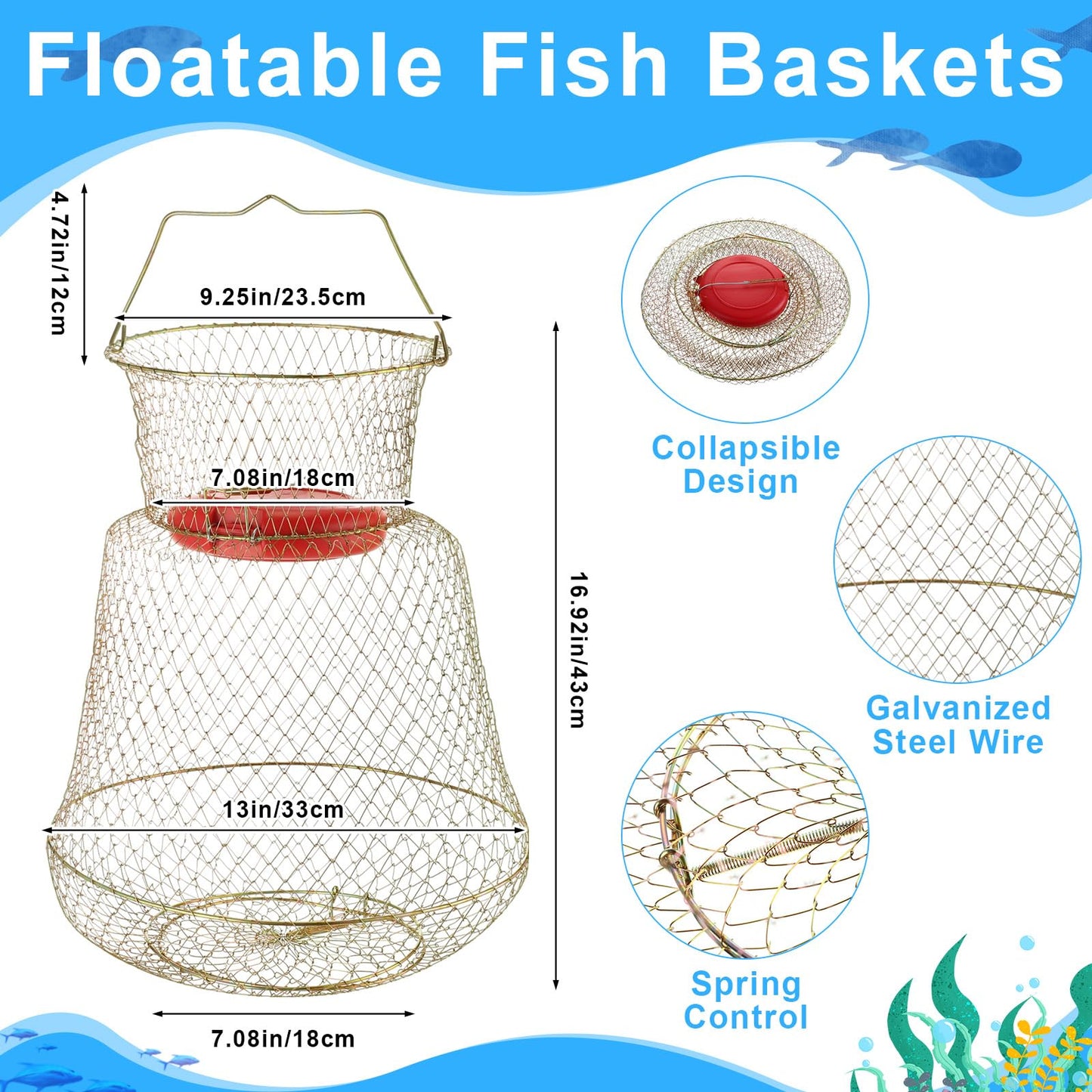 Hollowfly 2 Pcs Steel Wire Fish Basket and Fishing Landing Net with Extension Aluminum Telescoping Pole Includes 1 Portable Fishing Net with Handle 1 Collapsible Wire Fishing Basket for Women Men