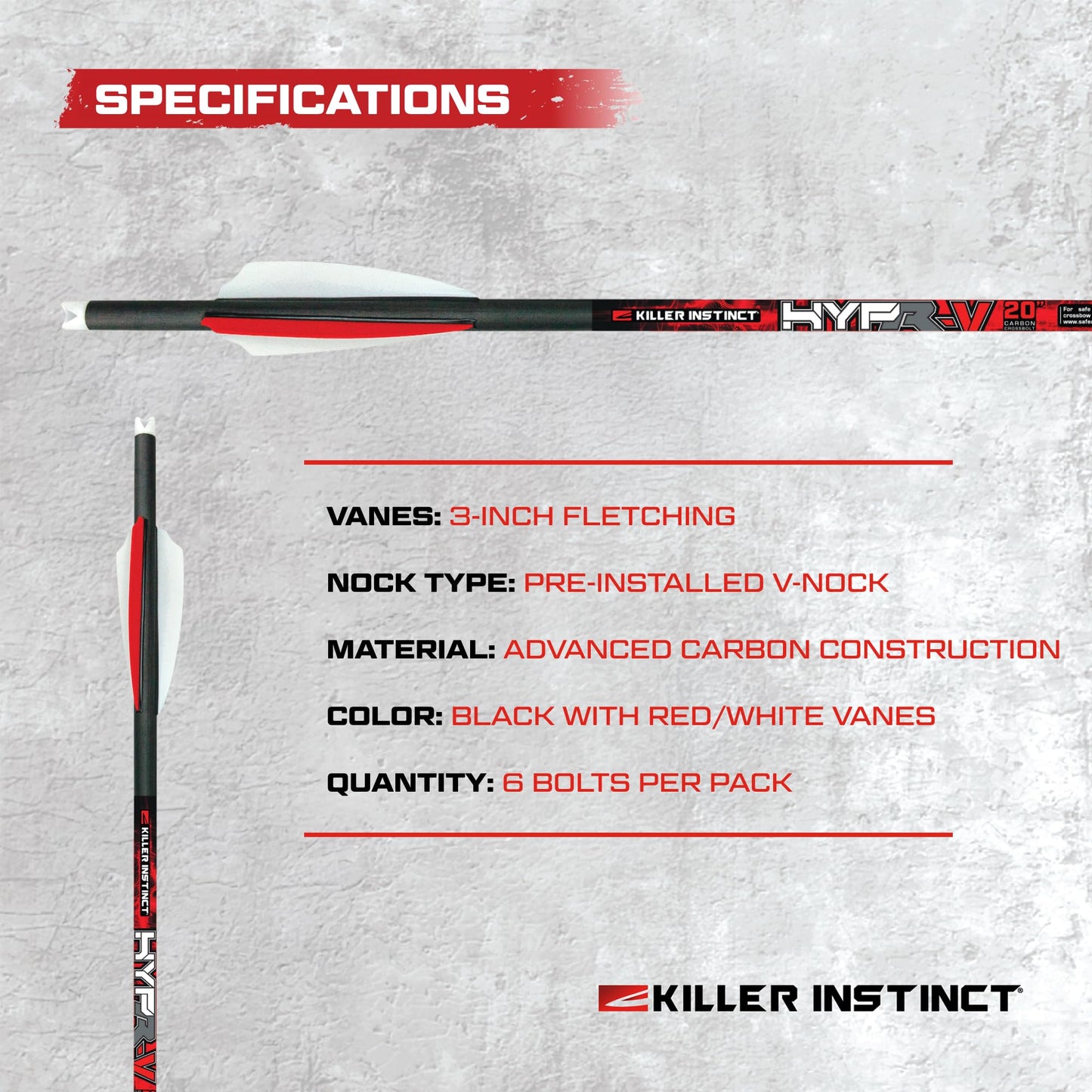 Killer Instinct Hypr-V 20" Crossbow Bolts 6-Pack - V-Track Nock System 390 Grain Total Weight with .003" Straightness Tolerance