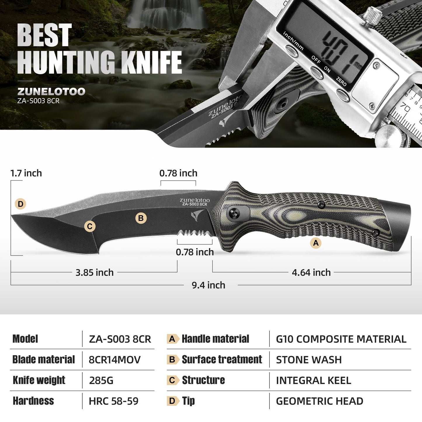 ZUNE LOTOO Full Tang Fixed Blade Tactical Knife for Men, 9.4" Bowie Knife with Kydex Sheath & G10 Handle, 8Cr14mov Survival Hunting Knives for Bushcraft Camping Outdoor Skinning
