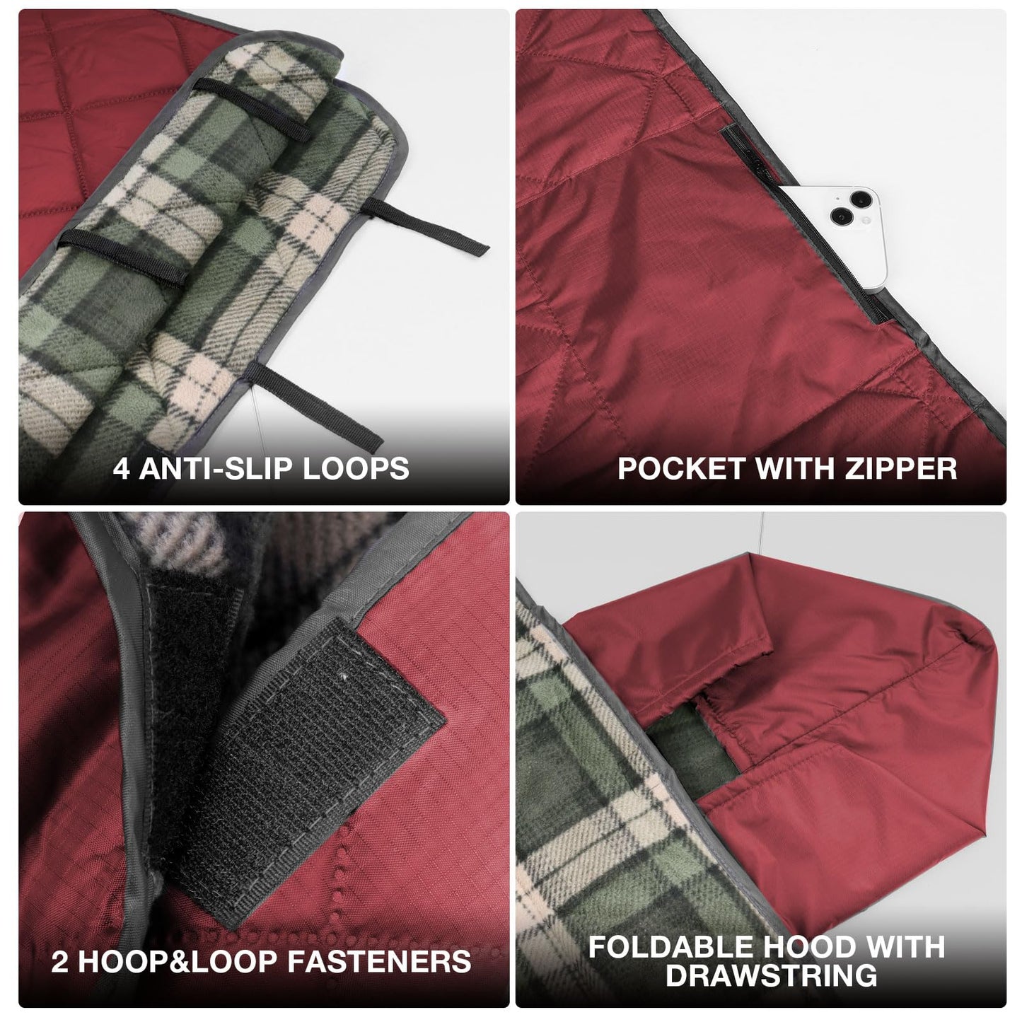 DUKUSEEK Waterproof Camping Blanket with Super Thick Fleece Lining, Large Outdoor Blanket Windproof with Foldable Hood for Camping Stadium Sporting Events,79"x 58"
