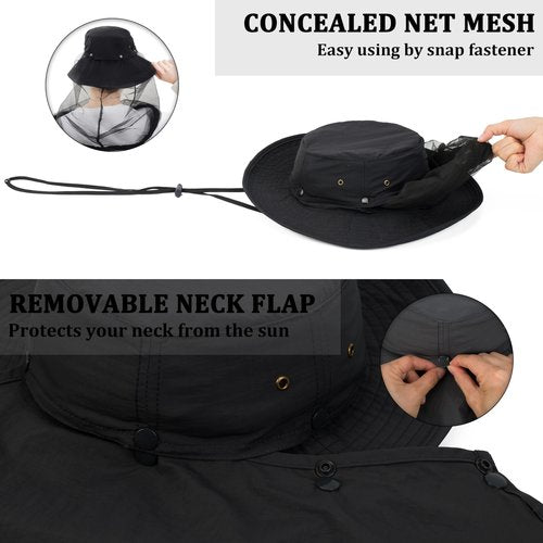 Palmyth Head Net Hat, Sun Hat Safari Hat (Black)