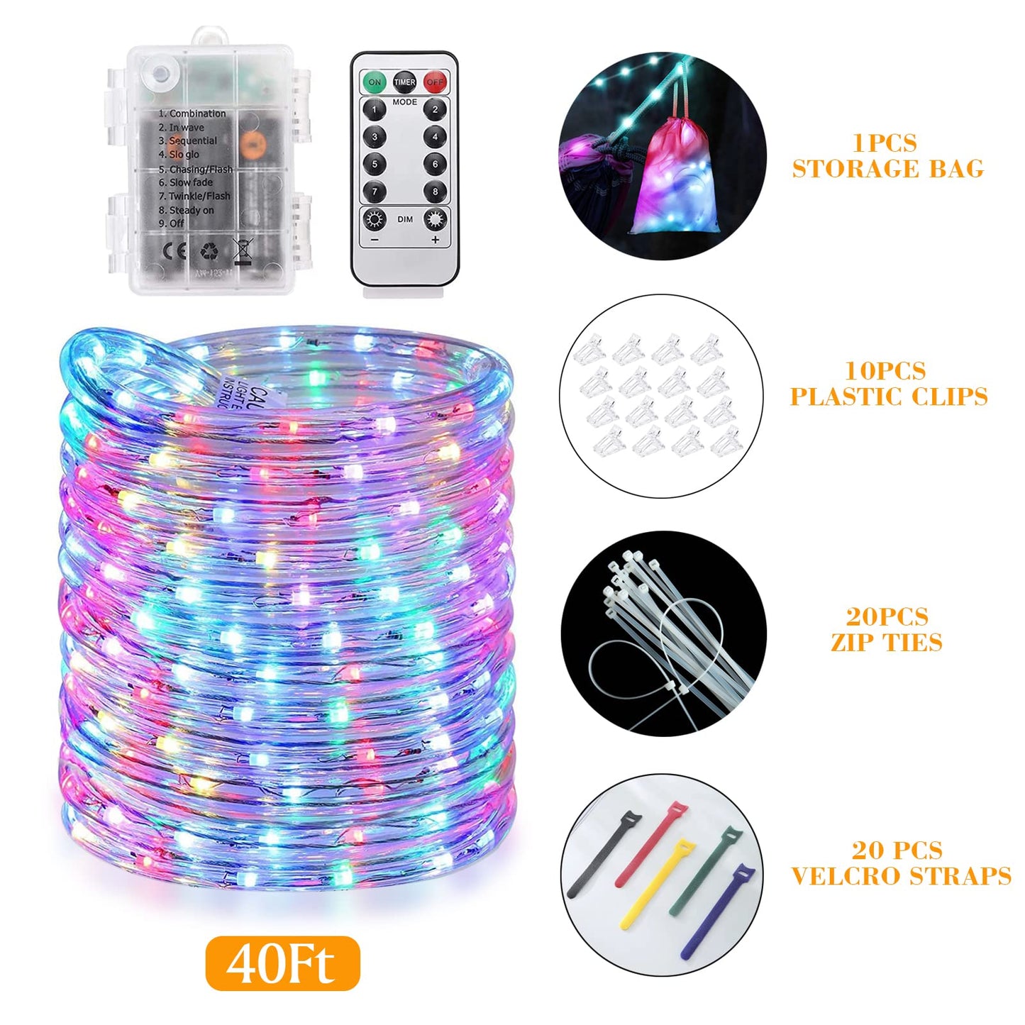 Camping Tent String Lights, 40Ft 120 LEDs 8 Modes Color Changing LED Rope Lights Battery Powered with Remote Control, Outdoor Waterproof LED Tent Light Great for Camping, Canopy, Hammock, Trampoline