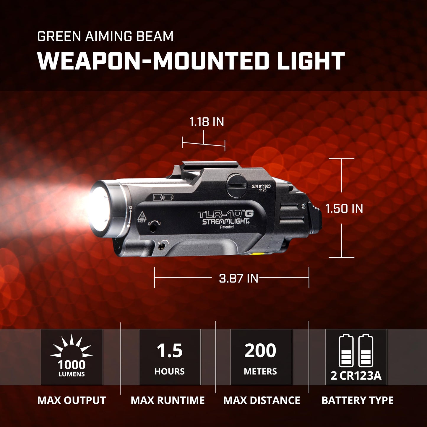 Streamlight 69473 TLR-10 G Flex 1000-Lumen Rail-Mounted Tactical Weapon Light with Integrated Green Aiming Laser, Rear Switch Options, and Key Kit, Black