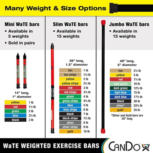 CanDo Mini WaTE Bars -2 Piece Set, 3lb Black, Total Body Workout Weighted Exercise Bar for Strength Training, Toning, and Physical Therapy