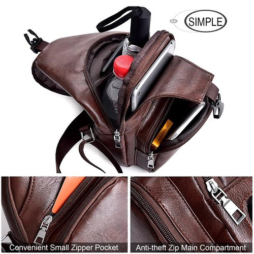 Peicees Pack of 2 Large&Medium Leather Sling Bag Mens Crossbody Bag Chest Bag Sling Backpack for Men with USB Charge Port, Classic Large Dark Brown & Classic Medium Black