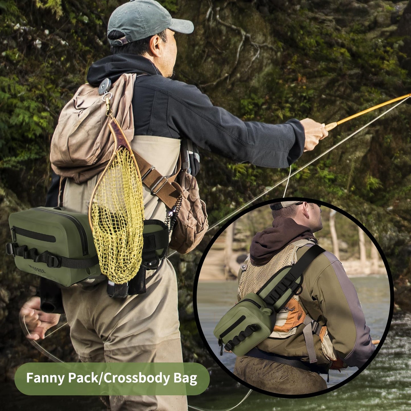 KEEFREE Waterproof Waist Bag with Fishing Rod Holder,Fishing Fanny Pack with Airtight Zipper Closure Multi-functional Lightweight Tackle Bag for Fly Fishing Outdoor Sports Camping Kayaking (Green)