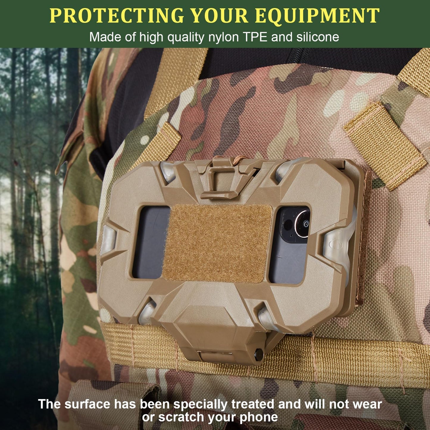AGPTEK Universal Molle Tactical Phone Holder - Chest Mount for Tactical Vests and Plate Carriers, Phone Mount Fits 4.7"-6.7" Cell Phones, Ideal for Outdoor Paintball, Airsoft, and Hunting(Tan)