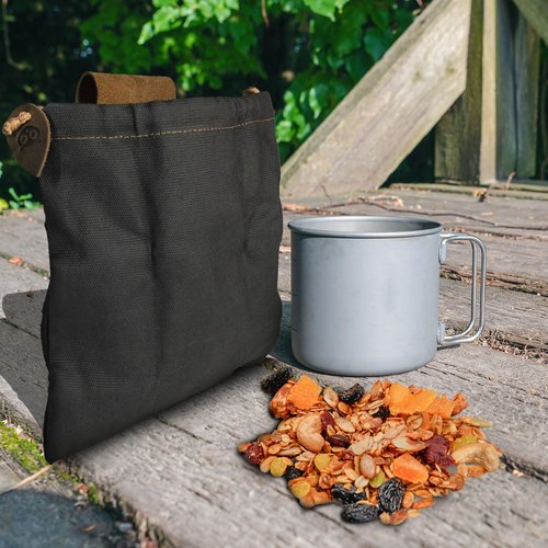 Hide & Drink, Foraging Pouch (Collapsible) for Hiking, Treasures & Seashells Bag, Easy Looping Around Belts, Grocery Storage, Waxed Canvas, Handmade, Charcoal Black/Bourbon Brown