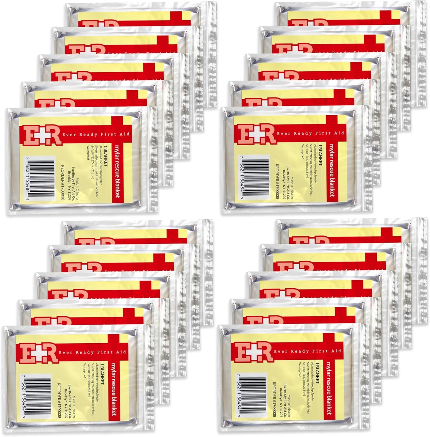 Ever Ready First Aid Mylar Rescue Blanket, Large Silver Thermal Sheet for Emergency and Survival, 54” x 84” – 20 Count