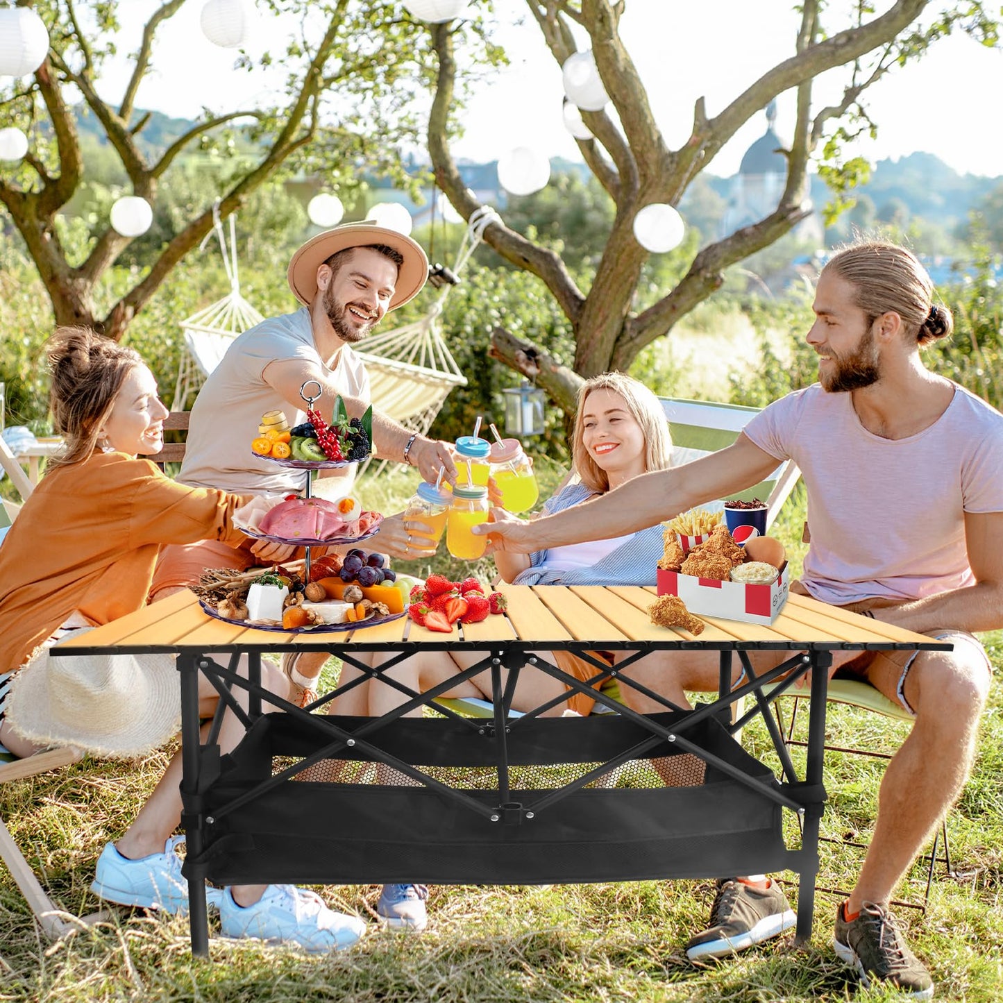 Folding Camping Tables That Fold Up Lightweight,Aluminum Roll Up Camping Table for 4-6 Person Camp Table with Large Storage and Carrying Bag for Outdoor, Picnic, Backyards, BBQ, Beach, 220 Lbs, Oak