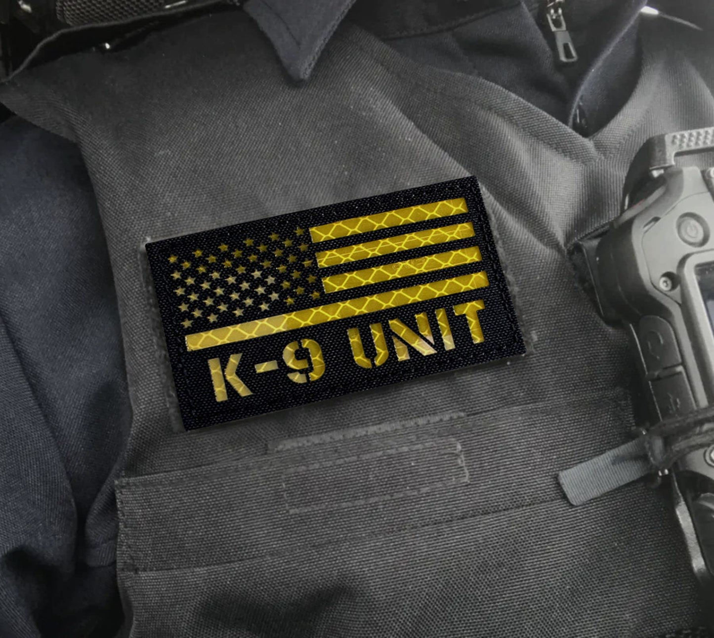 2 Pack Reflective K9 Unit Patch US Flag with Hook Back for Service Harness Tactical Vest Collar Hook-Fastener Backing (Black-Yellow)