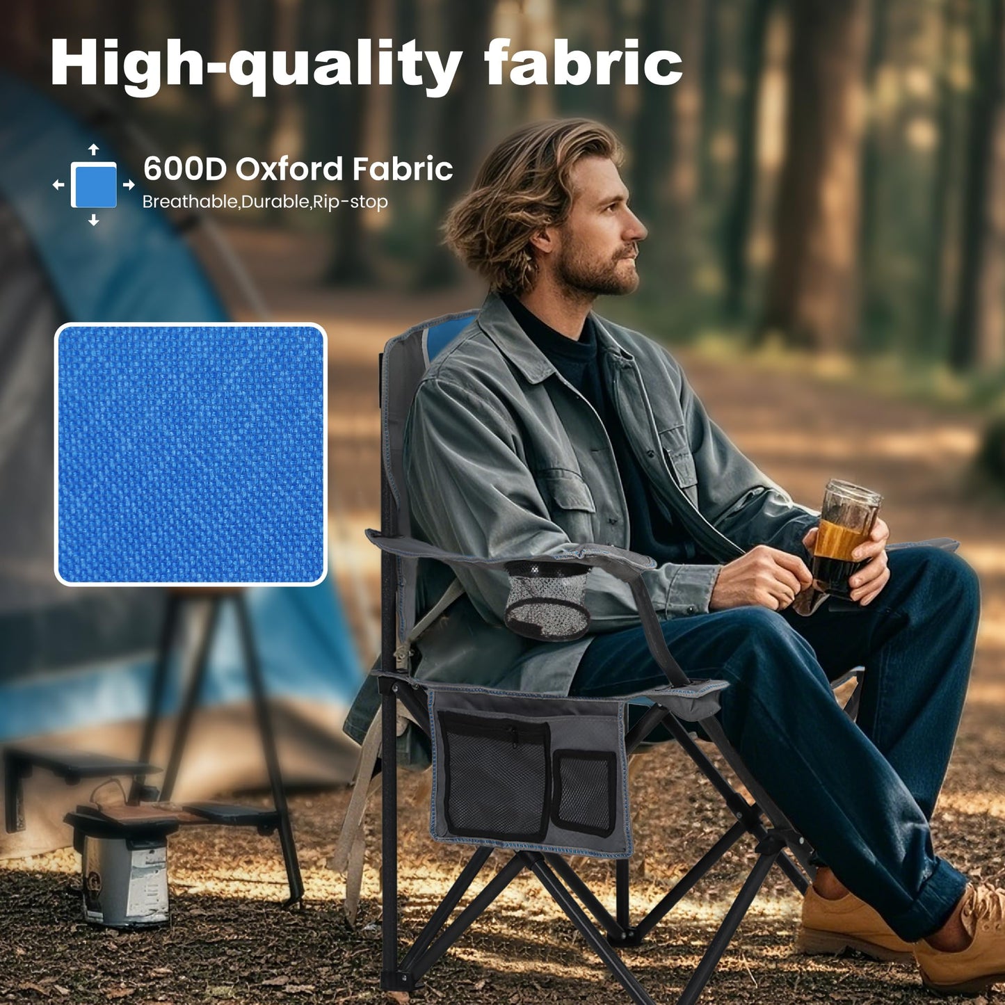 LET'S CAMP Oversized Outdoor Folding Camping Chair, 2 Pack Heavy Duty Arm Chairs with Cup Holder and Storage Bag, 350 LBS Weight Capacity, Blue