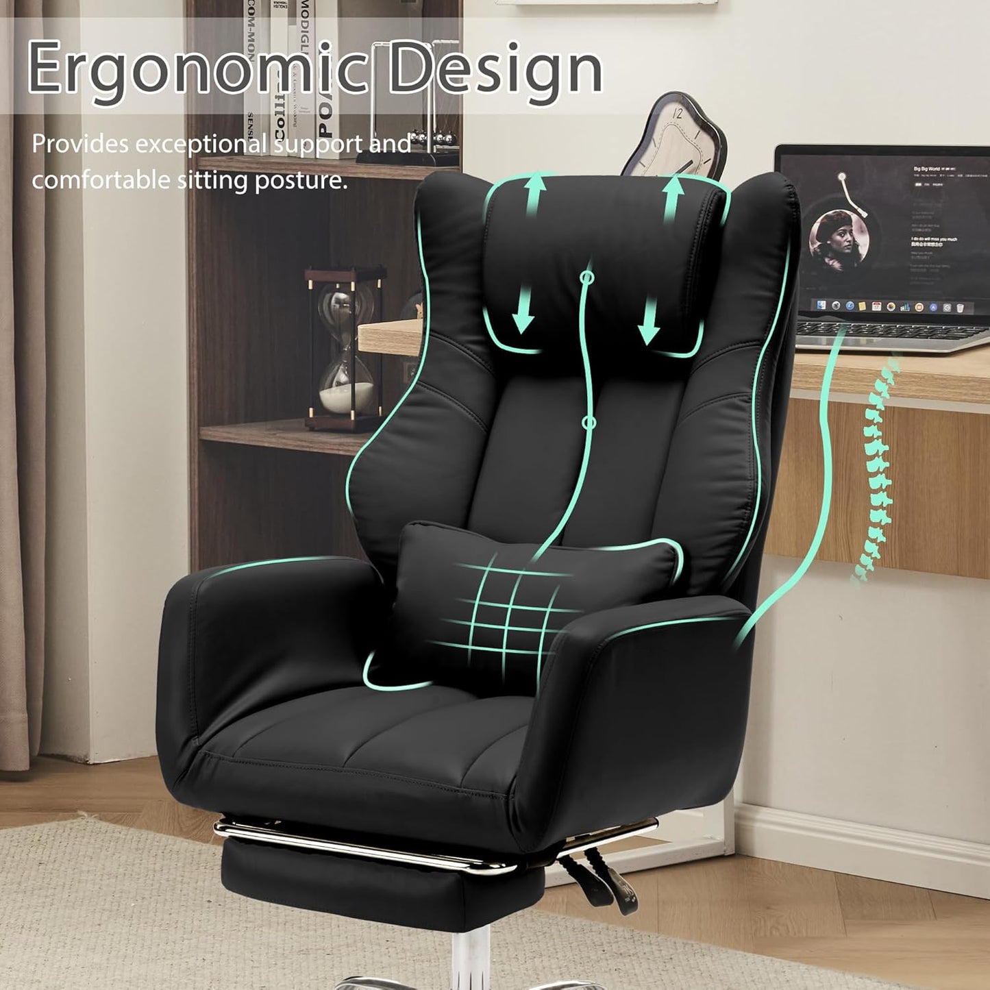 Ergonomic Cross Legged Office Chair with Footrest,Leather Big and Tall Executive Chair with Wheels,Reversible Armrest and Lumbar Pillow,135° Reclining Computer Wide Desk Chair for Home,Office (Beige)