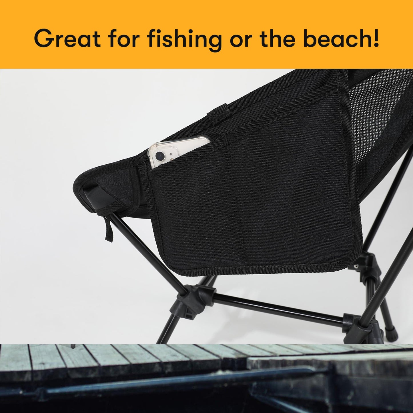 D-LO Ultralight Camping Chair - Black - Upgraded Dual Pocket - High Strength 600D Oxford Fabric - 7075 Aluminum Alloy - Great for Camping, Hiking, Lounging