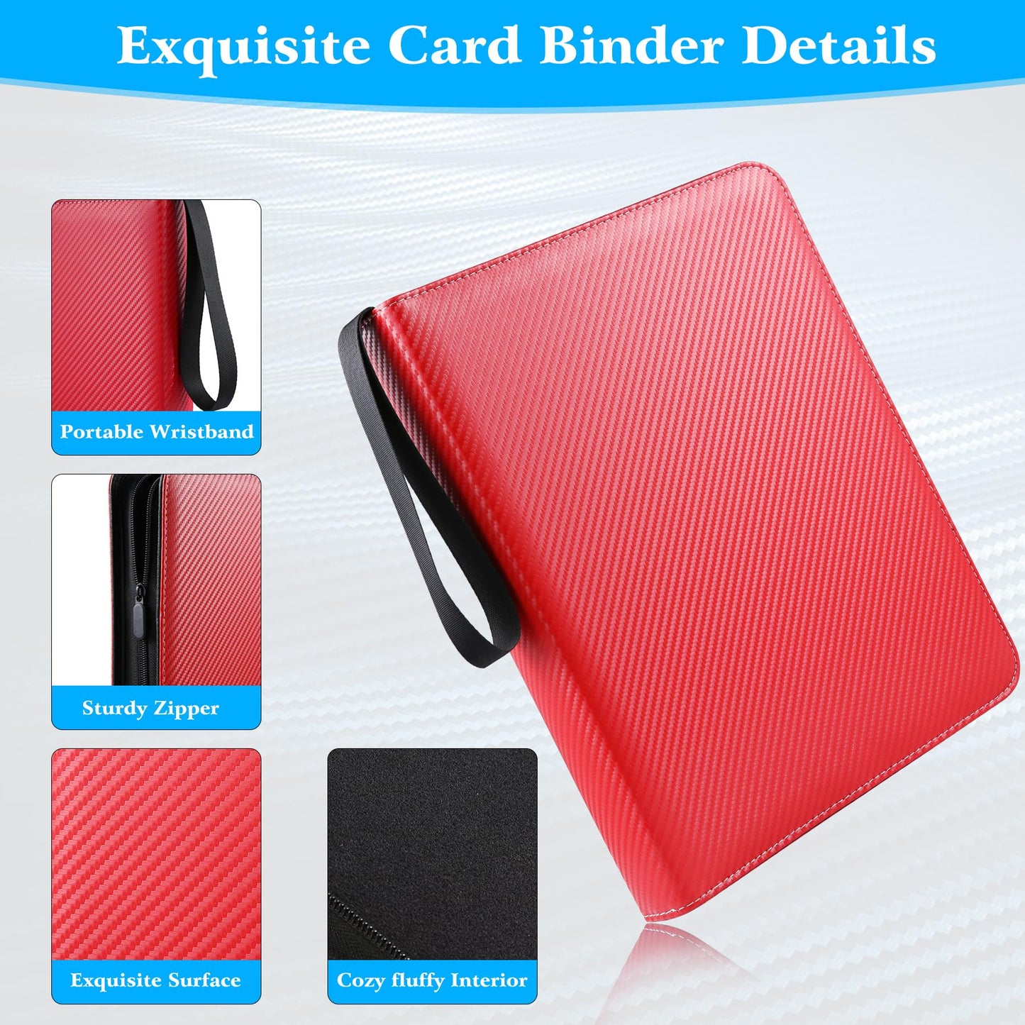 WOT I Trading Card Binder, 900 Pockets Baseball Card Binder Sleeves with Zipper, Double Sided Pockets Card Holder Carry Card Case for Baseball Card, Football Card(Red) WO-CB-9-7