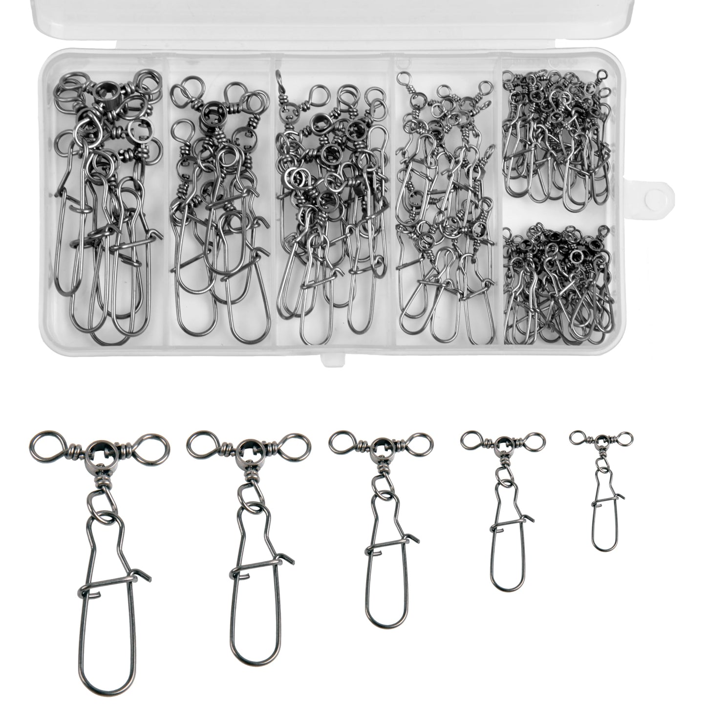 3 Way Snap Swivels 60PCS Fishing Swivel Tackles with Stainless Steel Duo Lock Snaps 26-83LB Round T Shape Fishing Lure Connectors for Saltwater Freshwater Catfish Rig Trolling Line