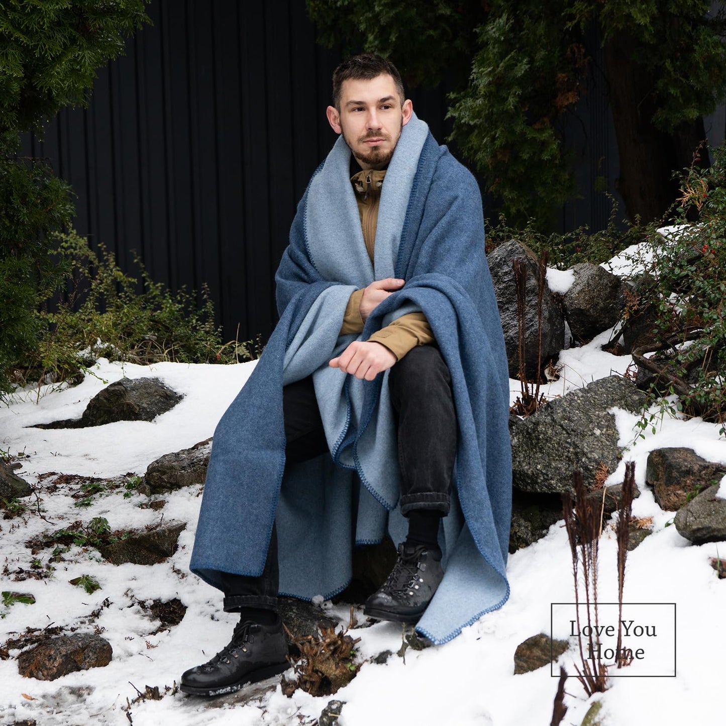 LYHome Merino Wool Blanket - Outdoor Camping and Hiking Throw, Extra Warm Army Military & Hunting Blankets for Cold Weather, Warmest Plaid Sheep Wool (51 x 67 in | Blue - Light Blue Double-Sided)