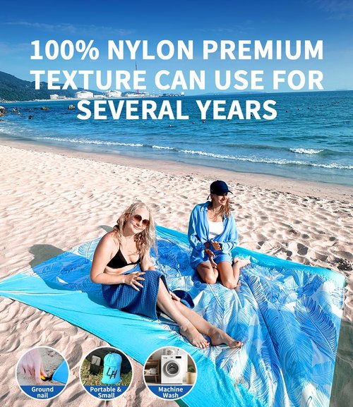 LH Beach Blanket Sandproof, 107"*90" Extra Large Waterproof Beach Mat for 2-8 Adults, Picnic Blankets for Camping, Beach Essentials Big & Compact Quick Drying, Lightweight & Durable with 4 Stakes