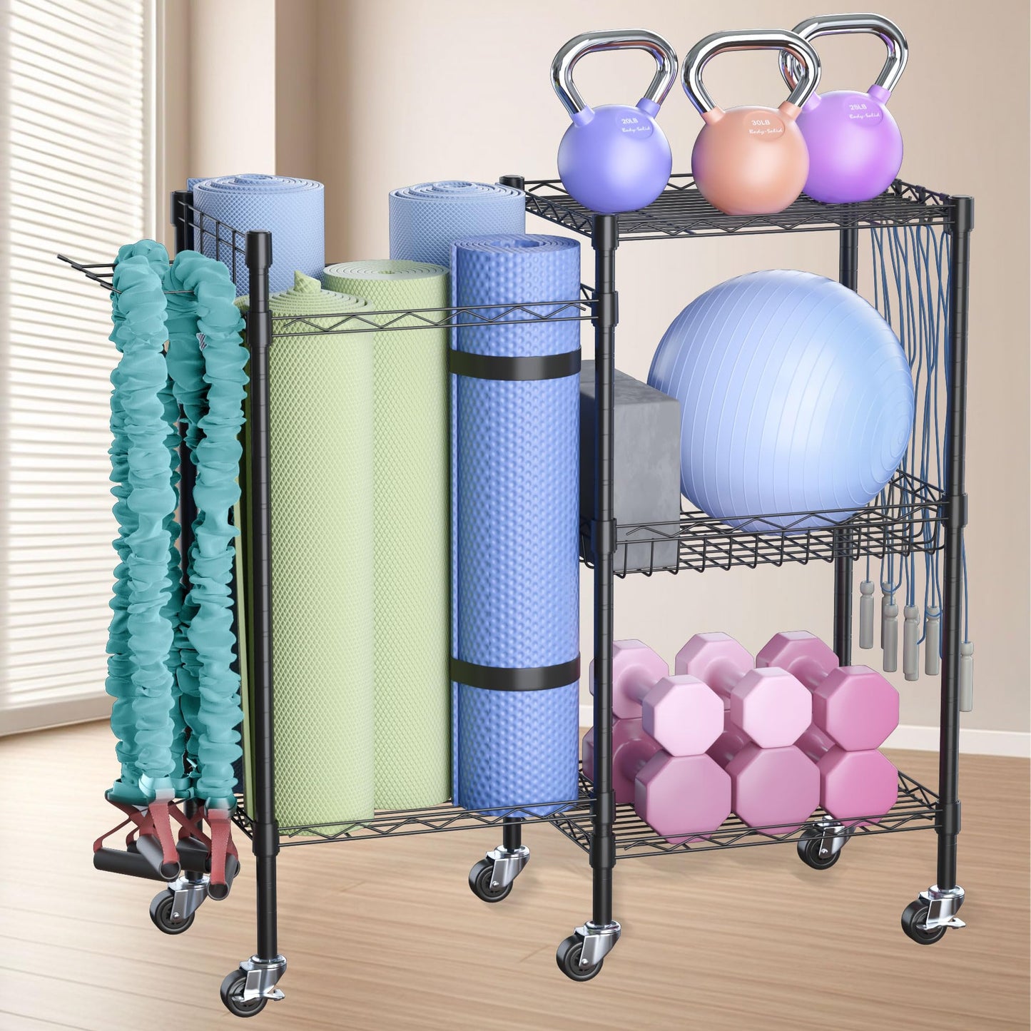 lesolar Rolling Yoga Mat Storage Rack, Yoga Storage Organizer for Home Gym Storage, 3 Tiers Gym Equipment Rack for Straps Dumbbells Kettlebells Foam Rollers Light Hand Weights Resistance Bands