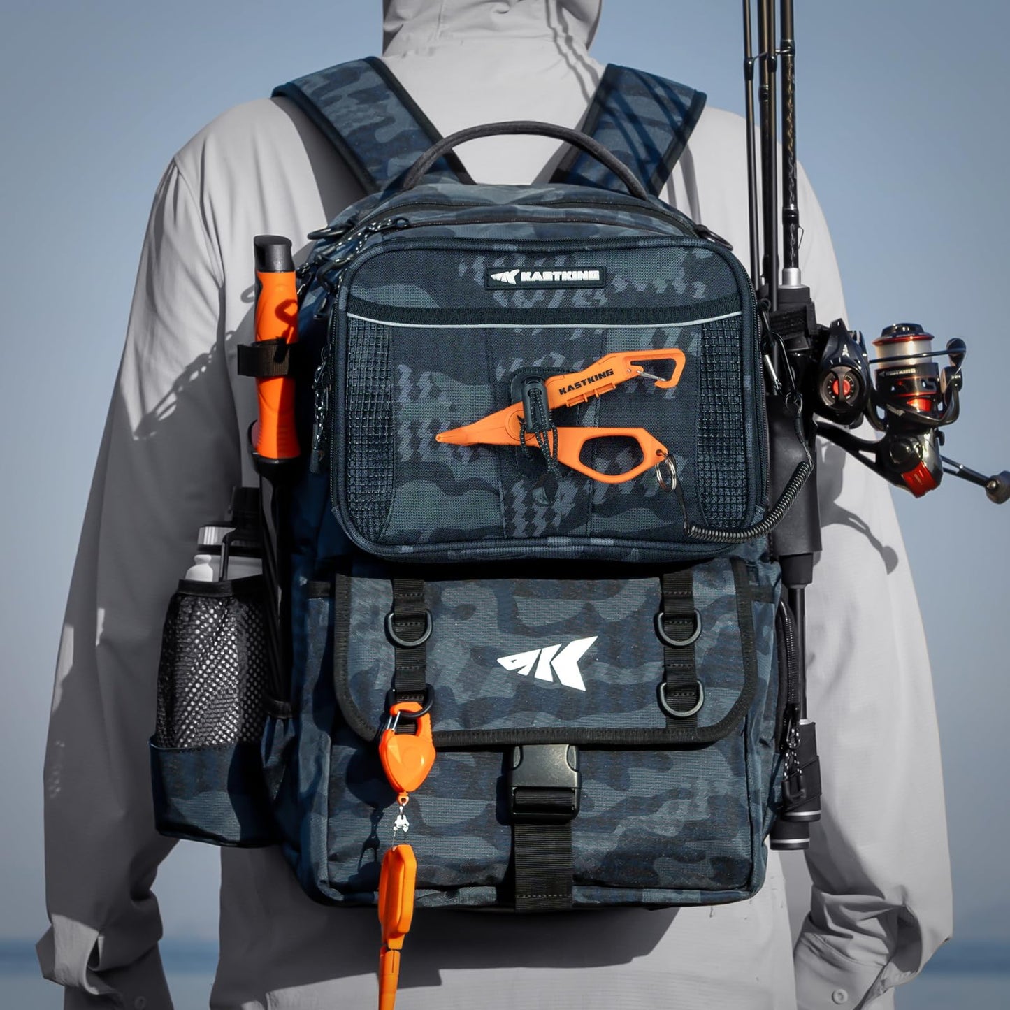 KastKing BaitSpace 50L Fishing Tackle Backpack with Removable Bait Binder & 4 Tackle Boxes,2 Rod Holders Storage Fishing Gear and Equipment,Blue Camo