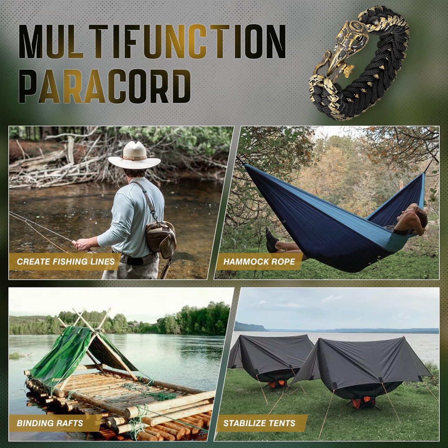 amzeus Paracord Survival Bracelet for Men and Women, Handmade Woven Tactical Style with Cool Brass Buckle Bracelet, Suitable for Hiking and Outdoor Activities