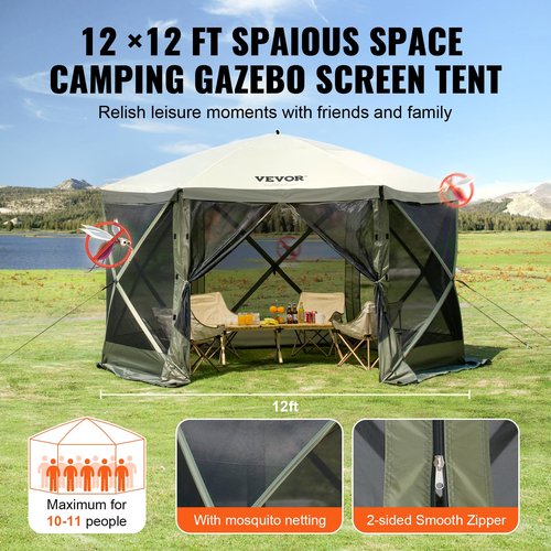 VEVOR 12x12ft Pop Up Gazebo Tent with Mosquito Netting, 6 Removable Wind Panels & 2 Mesh Windows, Outdoor Canopy Shelter for Patio, Army Green