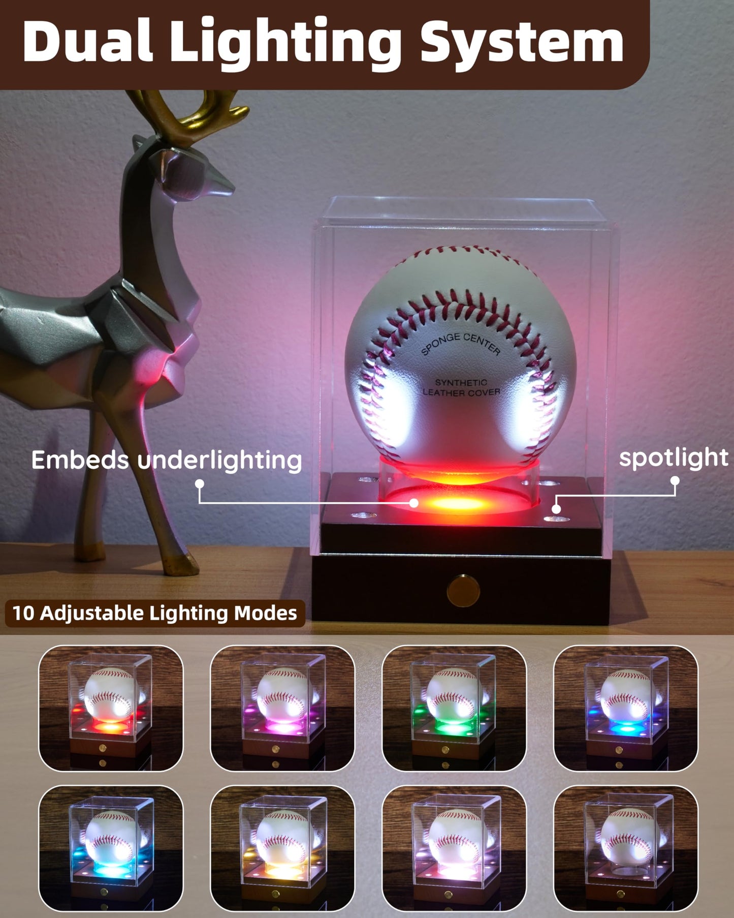 Fitense Baseball Display Case with Led Light, Clear Acrylic Baseball Case Display with Wooden Base, UV Protected Baseball Holder Case, Clear Baseball Stand Box for Memorabilia Baseball