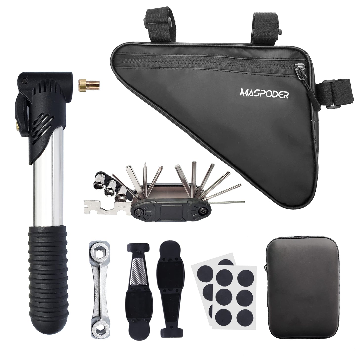 MASPODER Bike Tool Kit, Repair Kit with Frame Bag, Mini Pump, Multitool, Tire Lever Patches Bicycle Accessories Set for Adult Bikes Road Mountain MTB