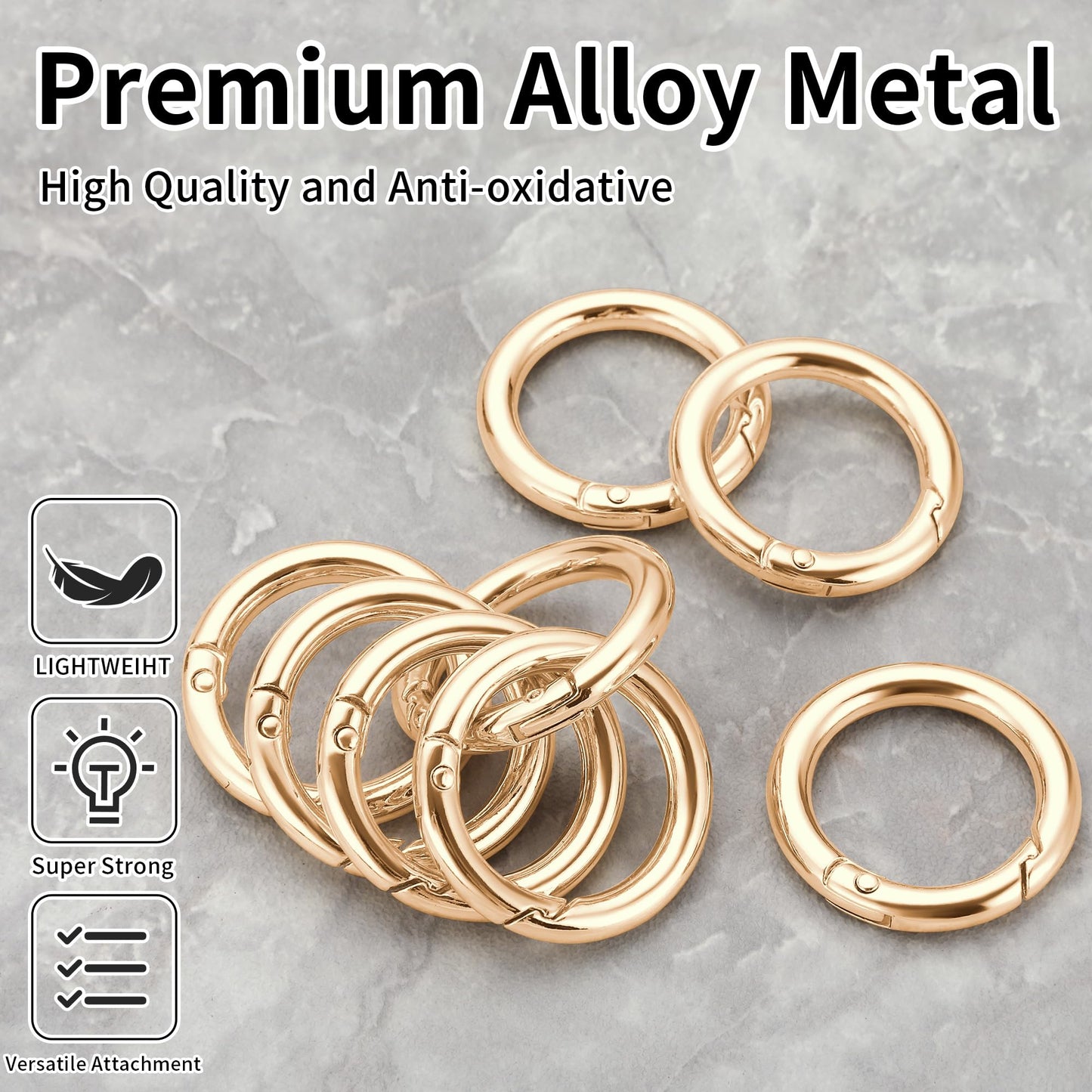 Gkeygo Key Ring Clip, 1 Inch Keychain Rings, 8 Pack Round Carabiner Clip for Keys, Buckle, Bags, Purses - Key Chain Hooks Replacement Keychains Lanyard DIY Crafts, Light Gold