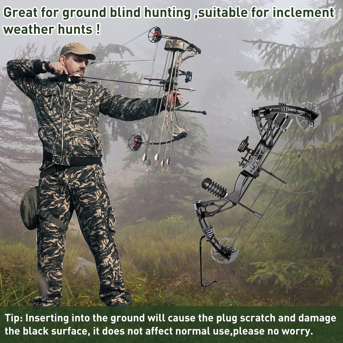 2 Pack Ground Bow Holder, Rustproof Hunting Ground Blind Bow Holder with Self-Adhesive CamouflageTape Rubber Coated Compound Bow Holder Versatile Archery Ground Stake Bow Stand for Hunting Practice