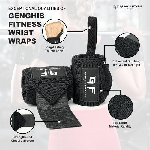 Genghisfitness Weightlifting Wrist Wraps Pair For Powerlifting (12", Grey with White Stripes)