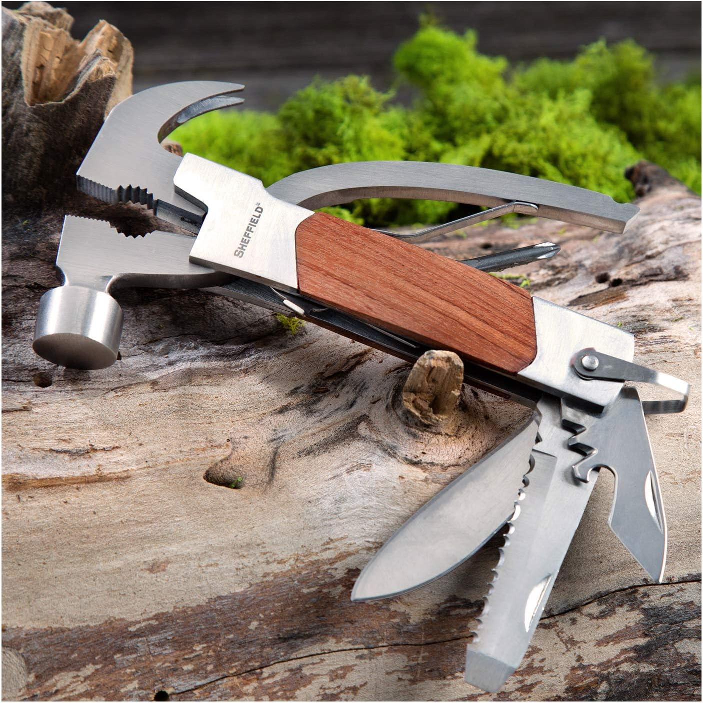 Sheffield 12301 Axe Multi Tool, 12-in-1 Camping Knives & Tools, Utility Tool Double Axe Head, Camping Tool, Stainless Steel Knife Multitool