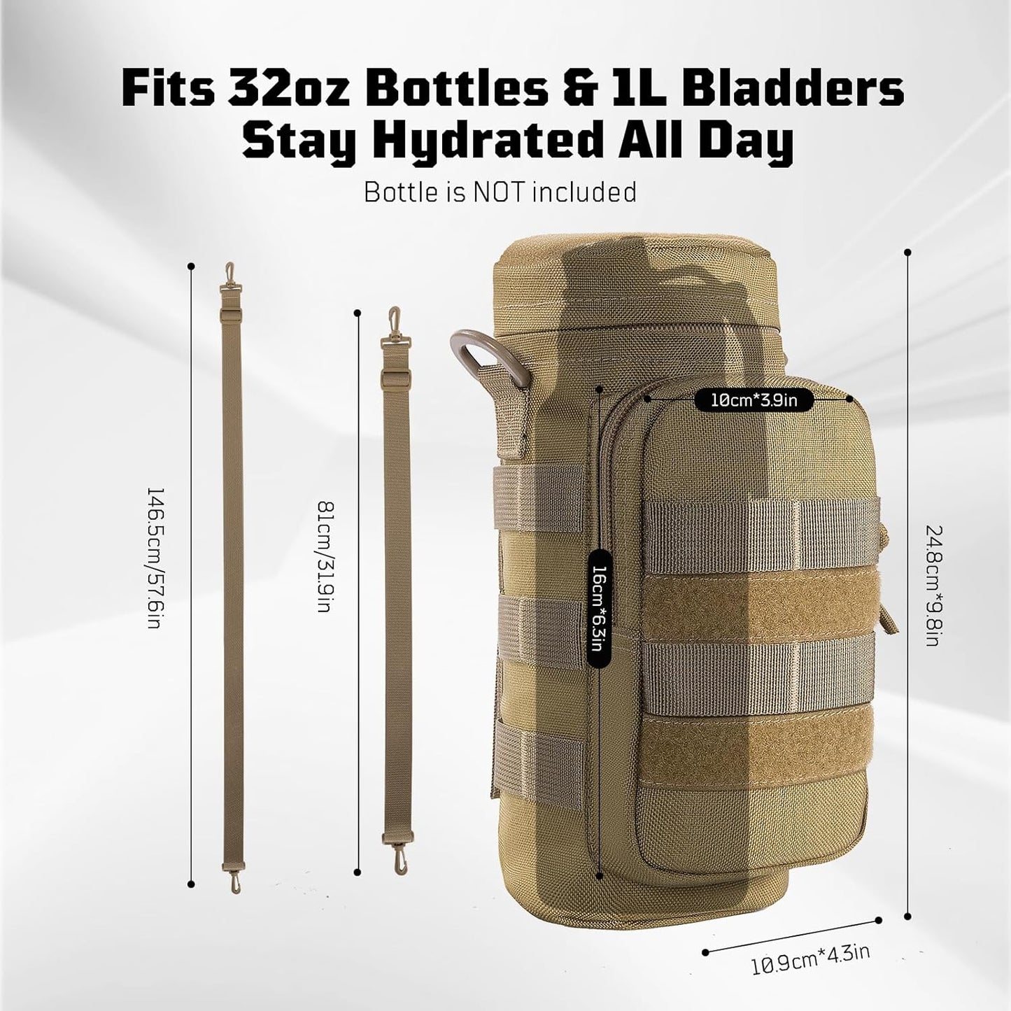 OneTigris Molle Water Bottle Pouch, 32oz Sniper Bottle Holder Tactical Hydration Carrier Bag with Extra Pouch and Detachable Shoulder Strap 1000D Nylon for Hiking Camping Climbing
