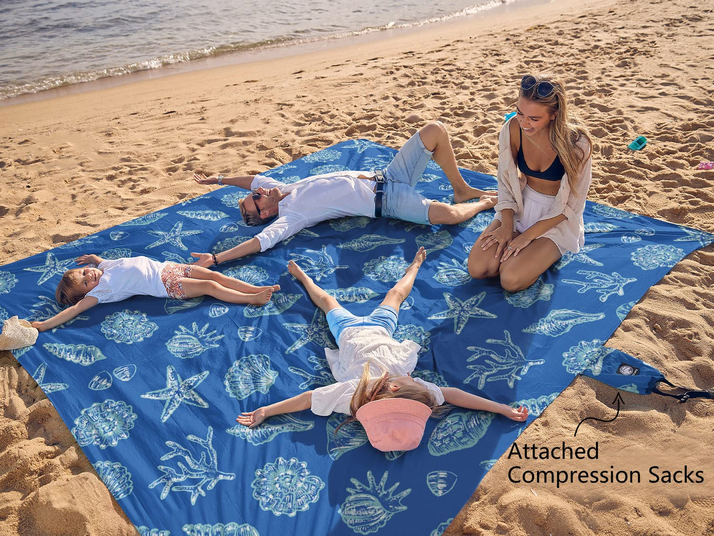 WEKAPO Beach Blanket Waterproof Sandproof Oversized, Extra Large Beach Mat Sand Free, Lightweight & Compact Sand Free Mat with 6 Stakes & 4 Corner Pockets (Blue Sea Shells, 8 x 7 FT (1~4 Person))