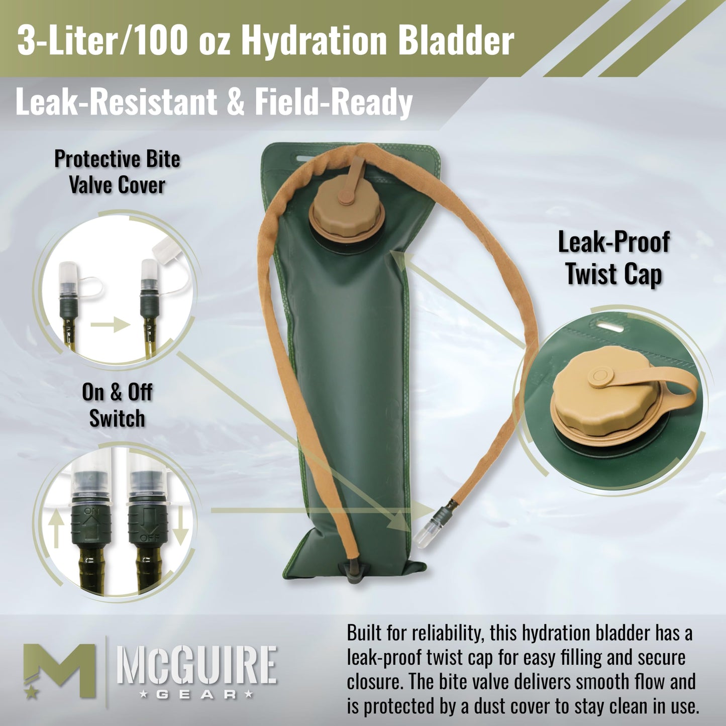M MCGUIRE GEAR Hydration Bladder, 3L/100 oz. Water Bladder, Leak Proof Hydration Pack, Water Reservoir with Insulated Drinking Tube for Hiking, Cycling, and Biking (Tan)